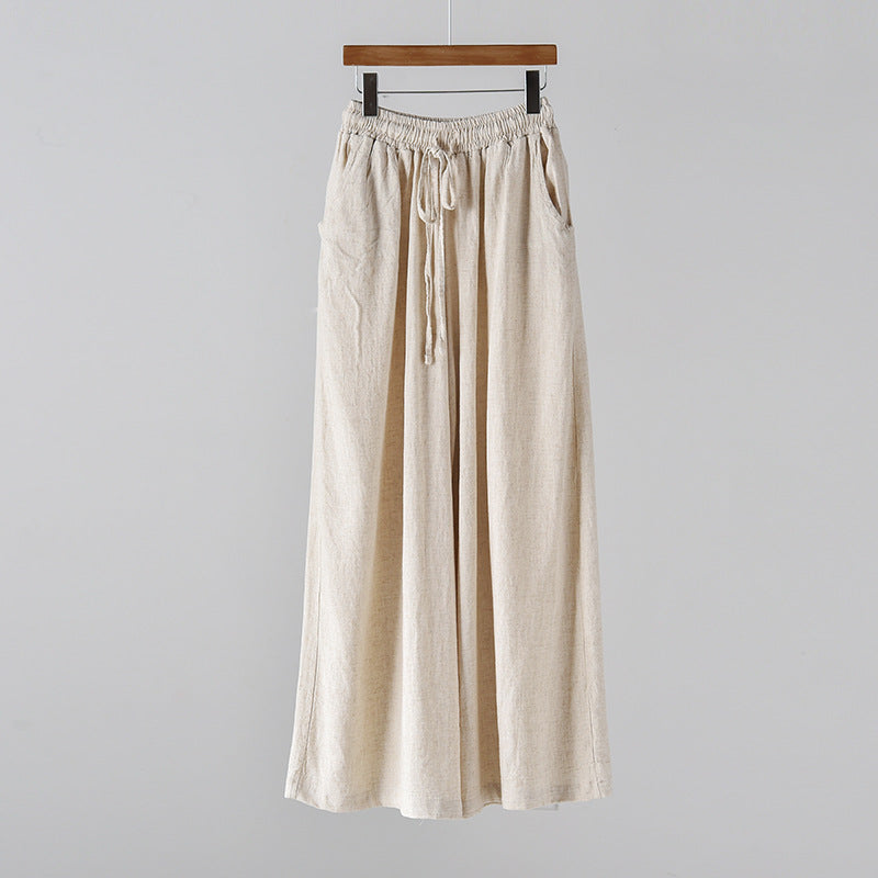 Artistic stone-washed cotton linen wide-leg yoga pants for women by Bella Mia, casual summer linen pants with a relaxed fit.