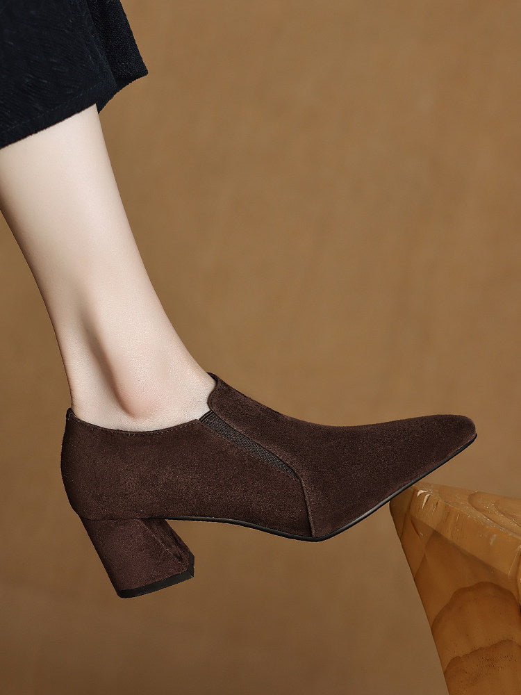 Women's suede pointed toe chunky heel pumps with deep vamp and low heel from Plush Fashion Hub, showcasing stylish footwear.
