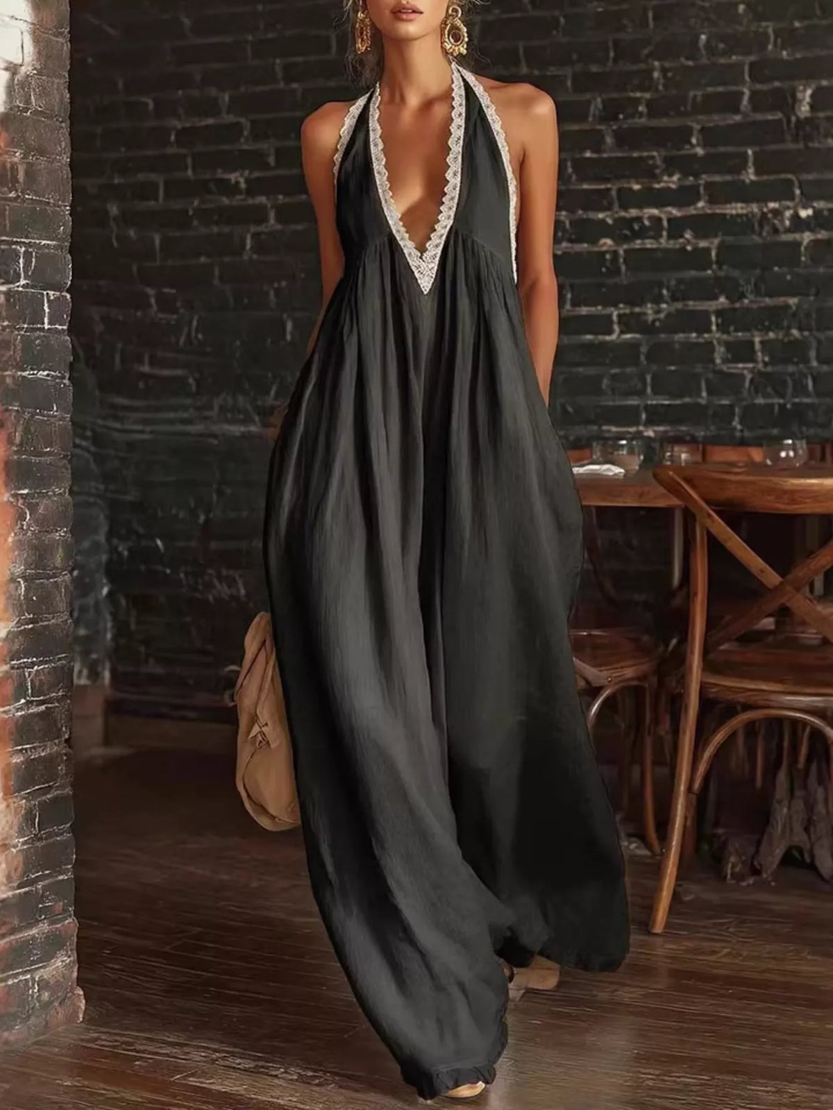 Plus size plush fashion hub halter neck lace trim wide-leg jumpsuit, stylish playsuit with full coverage and elegant design.