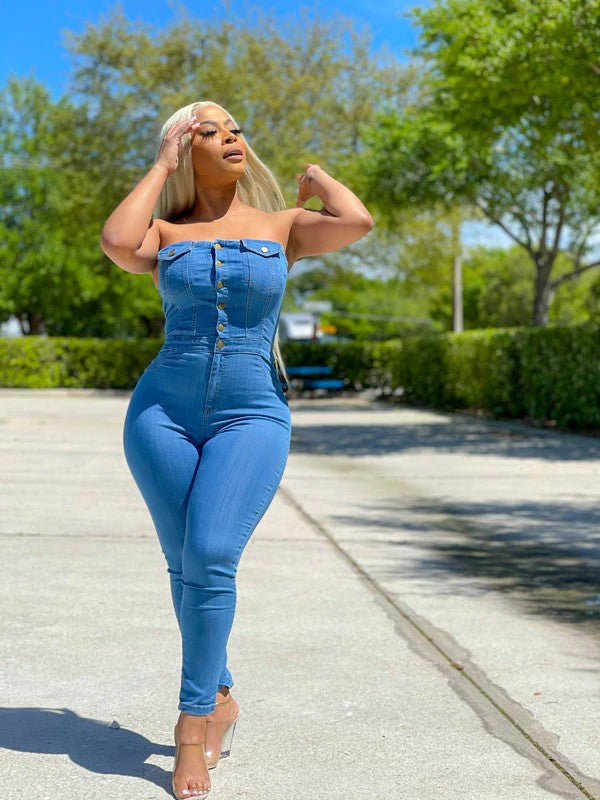 Slim fit denim jumpsuit for women by Plush Fashion Hub featuring a casual tube top style and comfortable design.