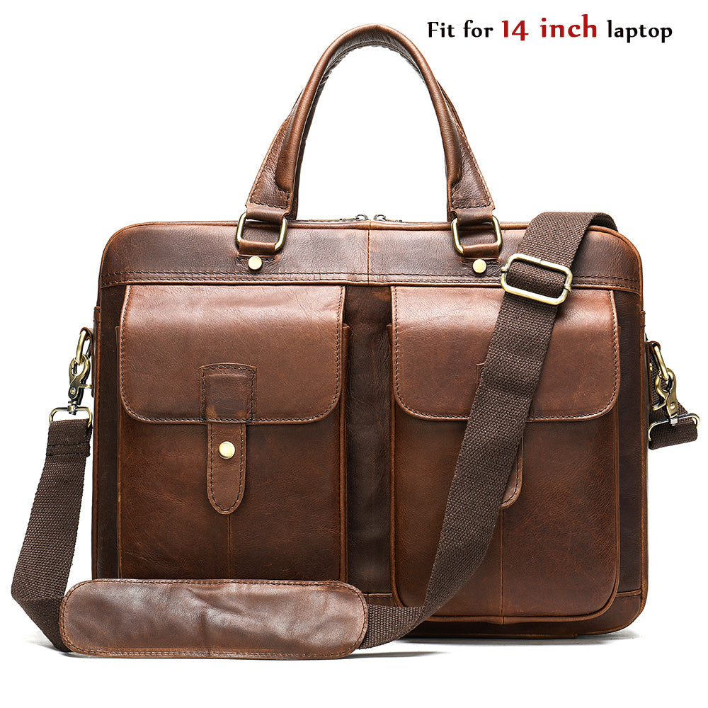 Pi-Mart men's briefcase handbag with sturdy leather design, featuring handles and a spacious main compartment.