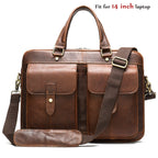 Pi-Mart men's briefcase handbag with sturdy leather design, featuring handles and a spacious main compartment.