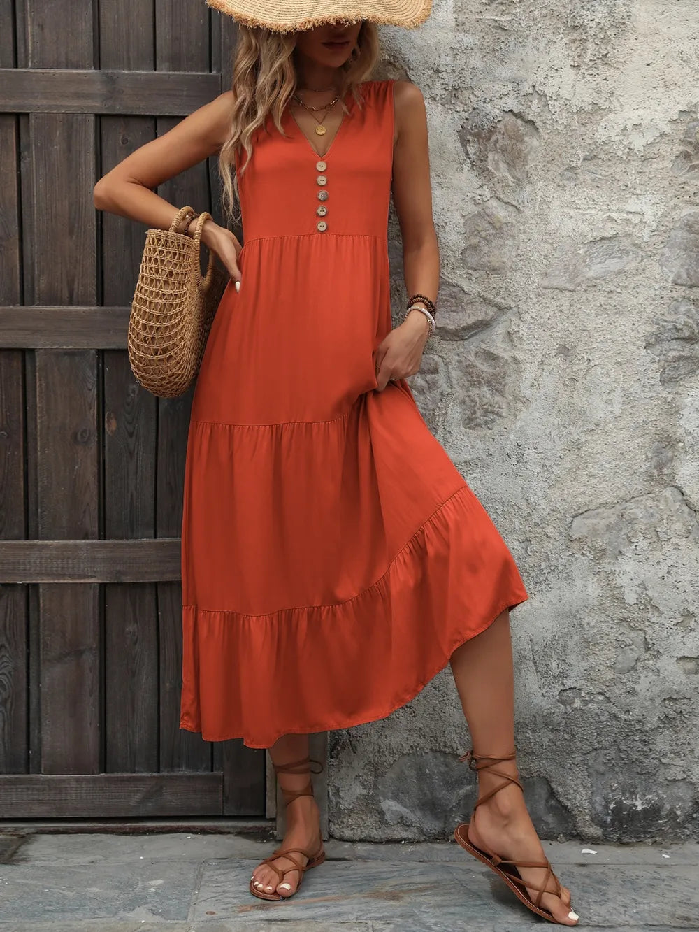 Plush Fashion Hub Ivy Lane women's sleeveless cotton dress with notched neck and button-down front, perfect for casual wear.