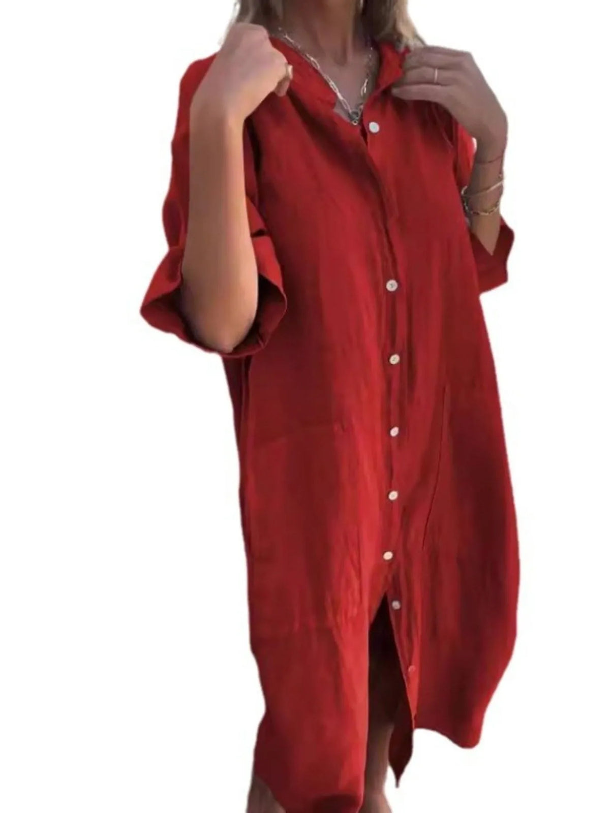 Plus size casual linen button-down shirt dress by Trendsi, featuring a relaxed fit, collar, and long sleeves.