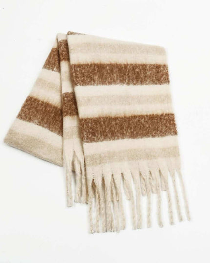 Fringe Contrast Striped Polyester Scarf - Plush Fashion Shop #