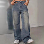 European and American women's washed vintage denim jeans by LadyShow.Store, featuring classic distressed denim and relaxed fit.