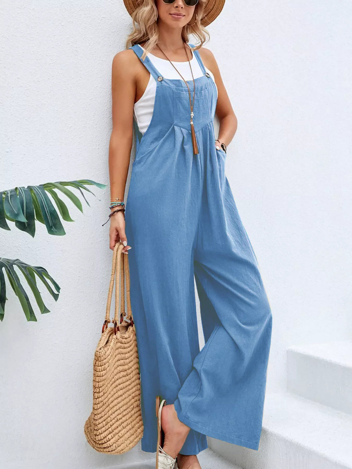 Plus size casual wide-leg overalls jumpsuit with pockets by Plush Fashion Hub, full length, comfortable fit, stylish design.