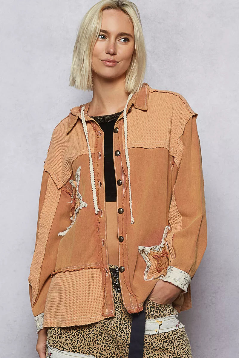 FitiqueFit POL button-down hooded jacket with star patch pattern, lightweight casual outerwear for versatile style.