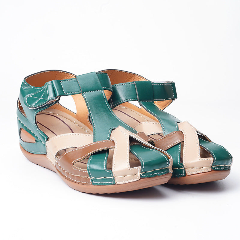 Vintage round toe wedge sandals for women with cross buckle detail, stylish and comfortable LadyShow.Store footwear.