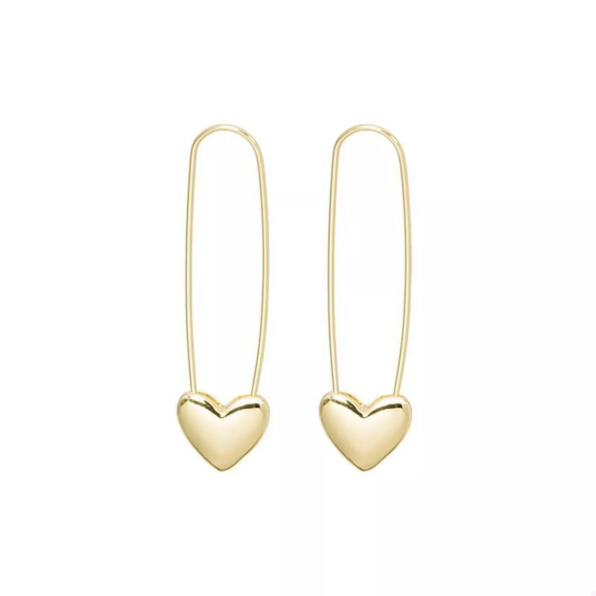18K gold-plated heart charm safety pin earrings with delicate design, stylish jewelry perfect for everyday wear.