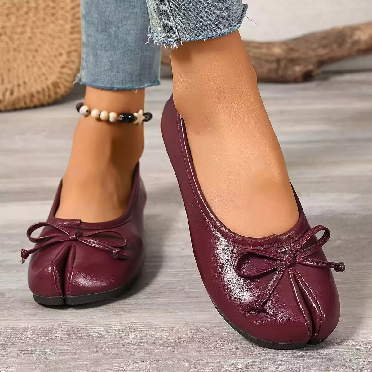 Plush Fashion Hub bow decor split toe slip-on shoes with stylish design and comfortable fit, perfect for casual or dressy outfits.