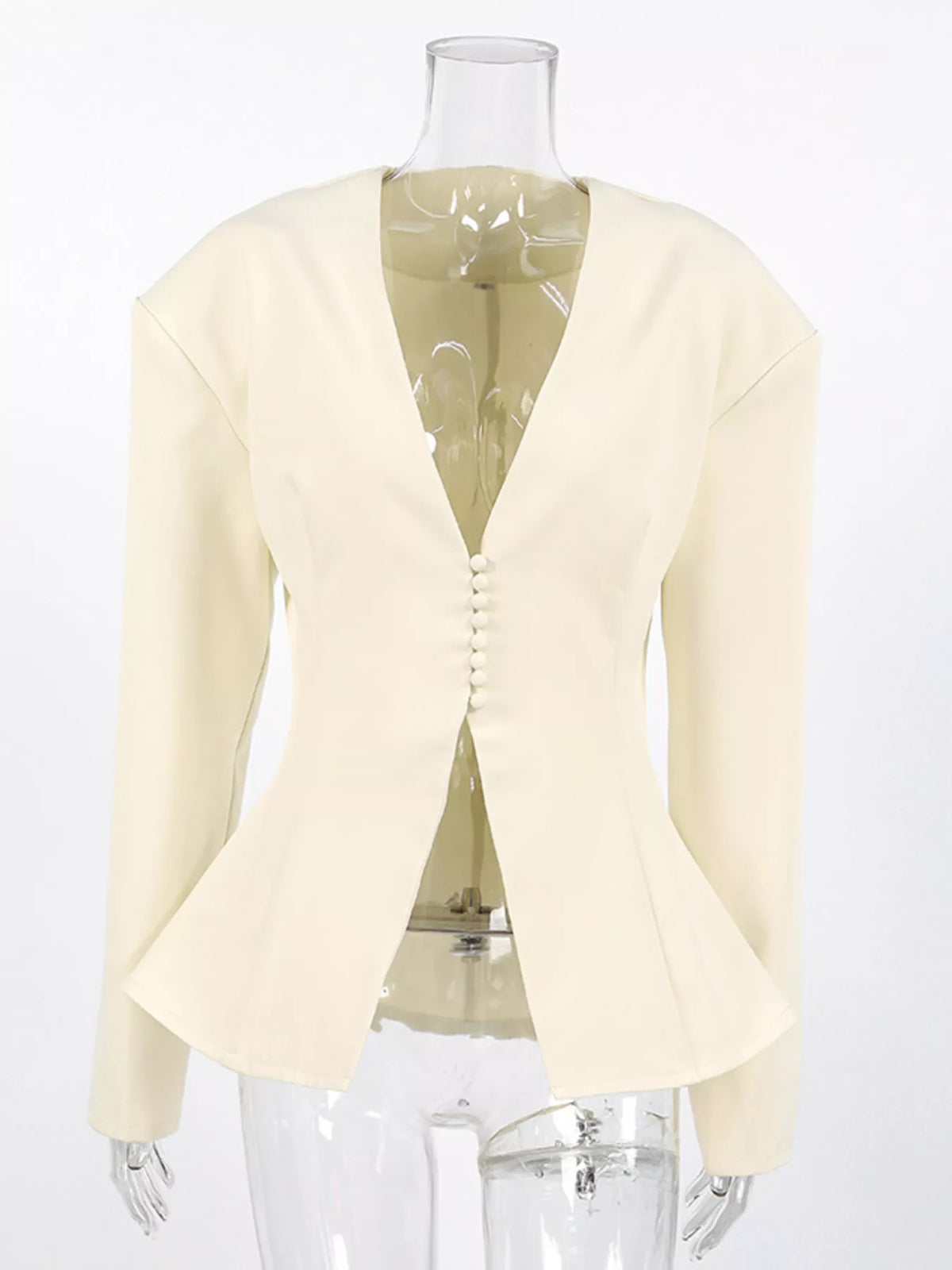 Trendsi women's V-neck button-up blazer with structured shoulders, tailored fit, and classic style.