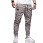 Youth fashion casual tether loose cargo ankle banded pants in grey color, straight-leg design, cotton blend.