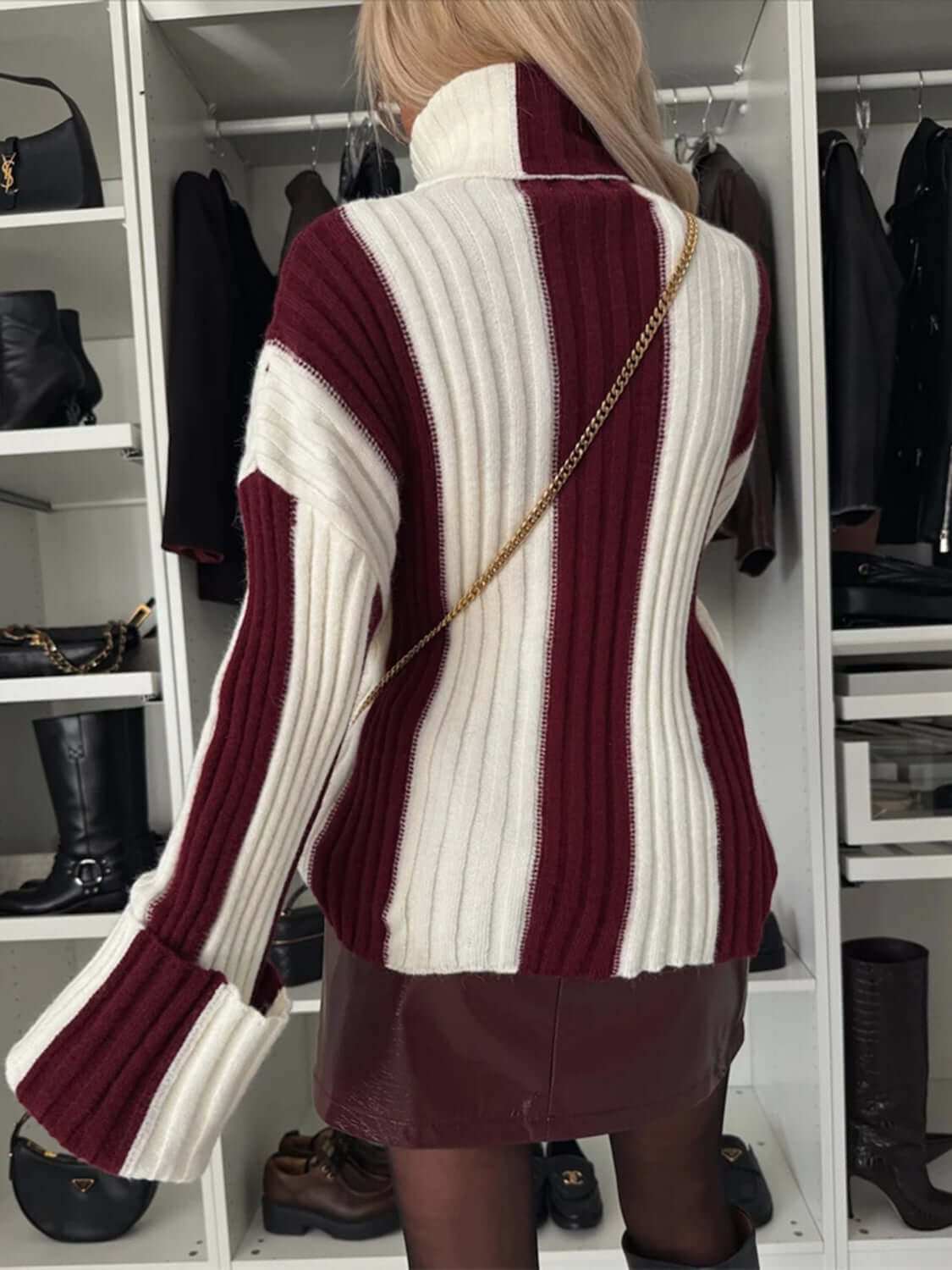 Striped turtleneck dropped shoulder sweater in white and burgundy, cozy and stylish.