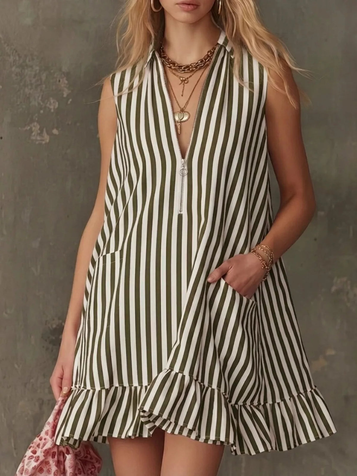 Striped zipper neck ruffle hem dress by Plush Fashion Hub, featuring a stylish design with a zipper neckline and ruffled hem.