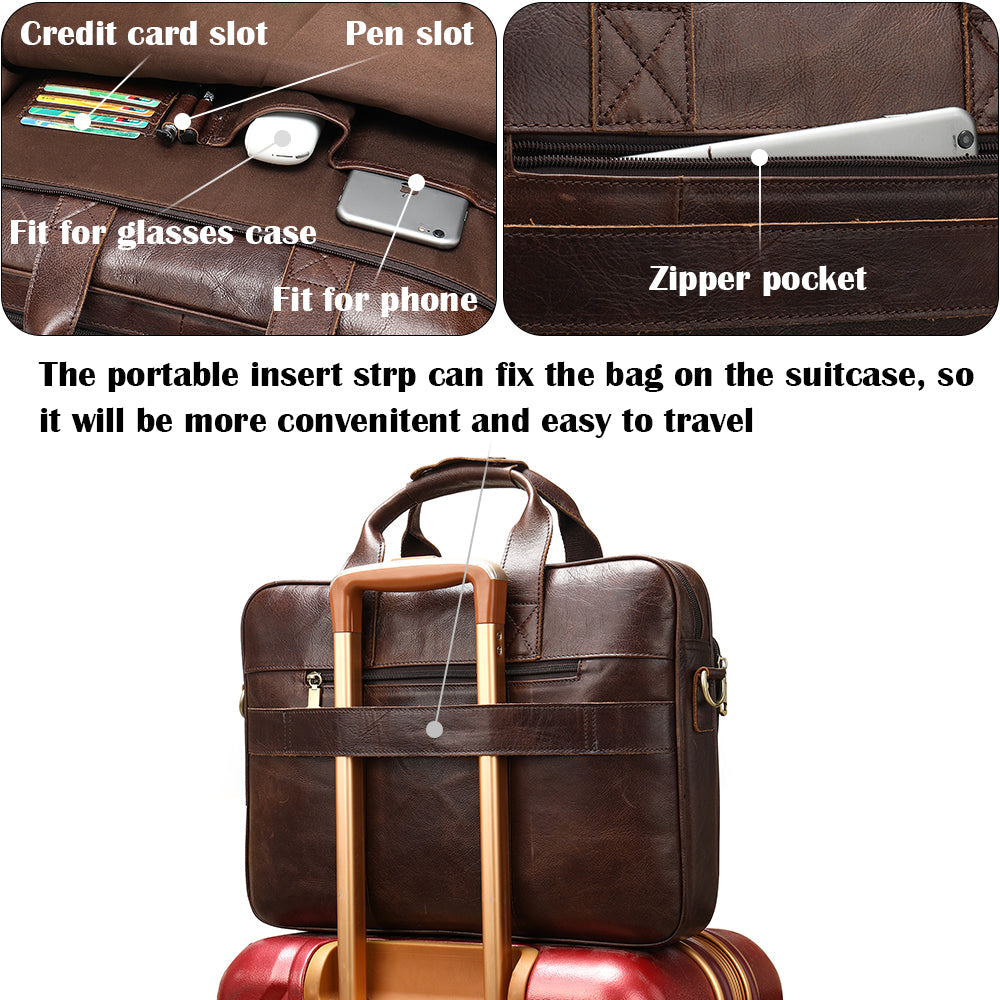 Pi-Mart men's briefcase handbag with sturdy leather exterior, top handle, and multiple compartments for professional carry.