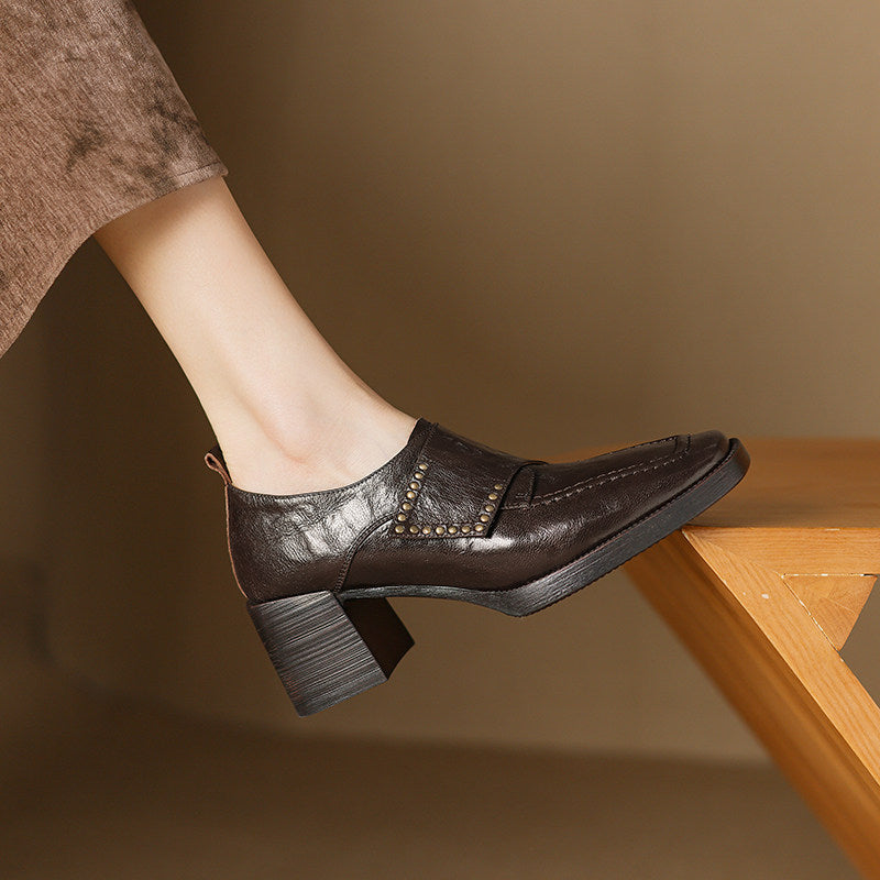 Women's British style square toe chunky heel pumps with deep vamp and studded details from Plush Fashion Hub.