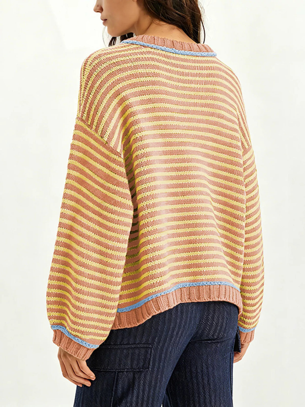 Oversized striped dropped shoulder sweater by Trendsi, featuring bold horizontal stripes and a relaxed fit.
