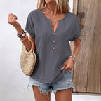 Women's V-neck short-sleeve T-shirt top by LadyShow.Store with button details, casual and comfortable for everyday wear.