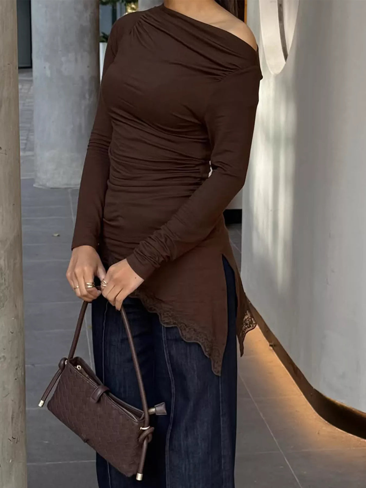Asymmetrical one-shoulder ruched T-shirt with lace trim, stylish shirt by Trendsi, featuring a unique design and elegant detailing.