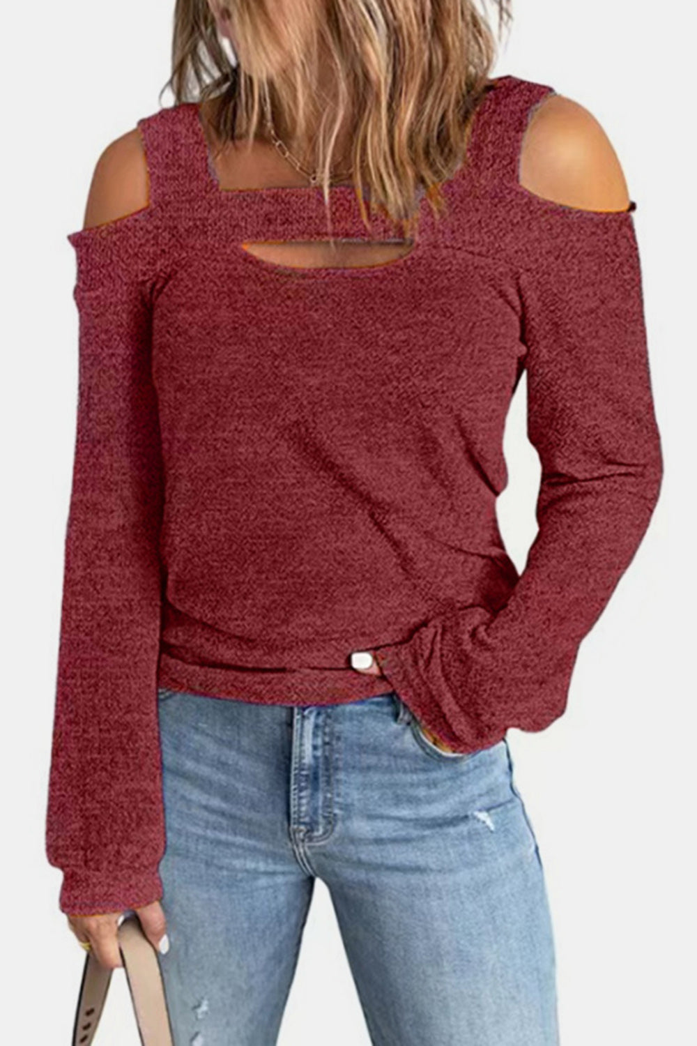 Elegant women's cold shoulder blouse by Plush Fashion Hub featuring cutout details and polyester fabric, perfect for stylish tops.