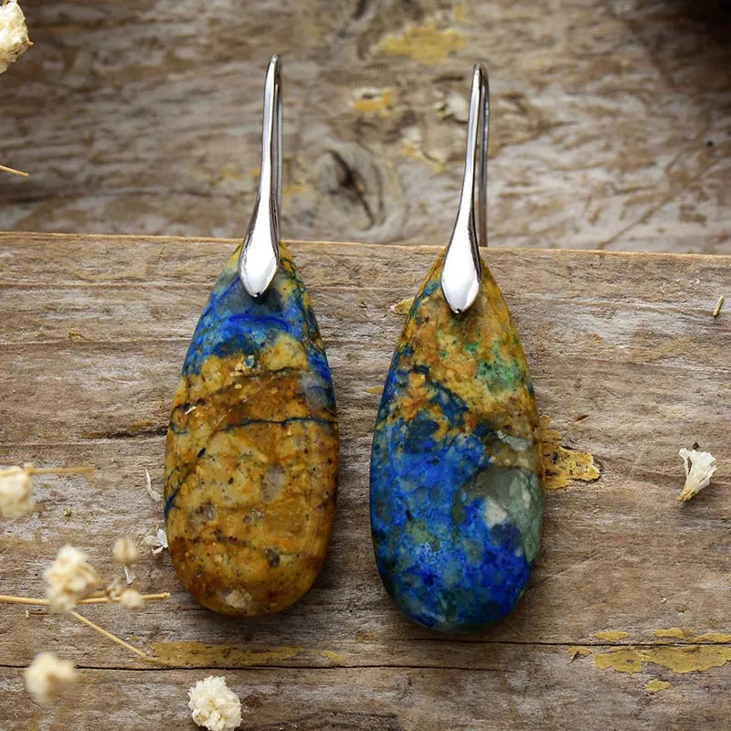 Natural stone teardrop dangle earrings with gold hooks from Plush Fashion Hub, showcasing elegant, smooth teardrop-shaped stones.