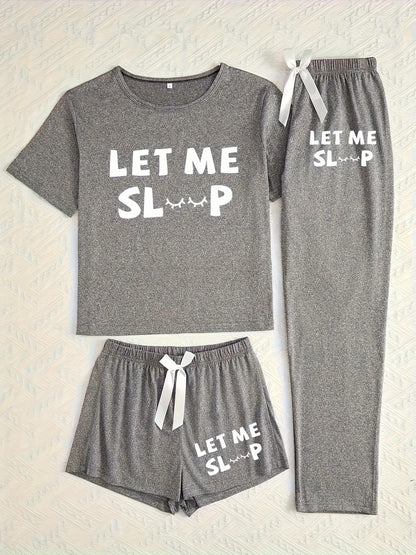 Simple Letter Print Women's Three Piece Pajamas Set