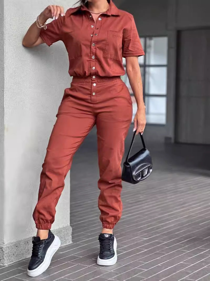 Casual women's ankle-tied jumpsuit with collar, pocket, elastic waist, and button details, by Plush Fashion Hub.