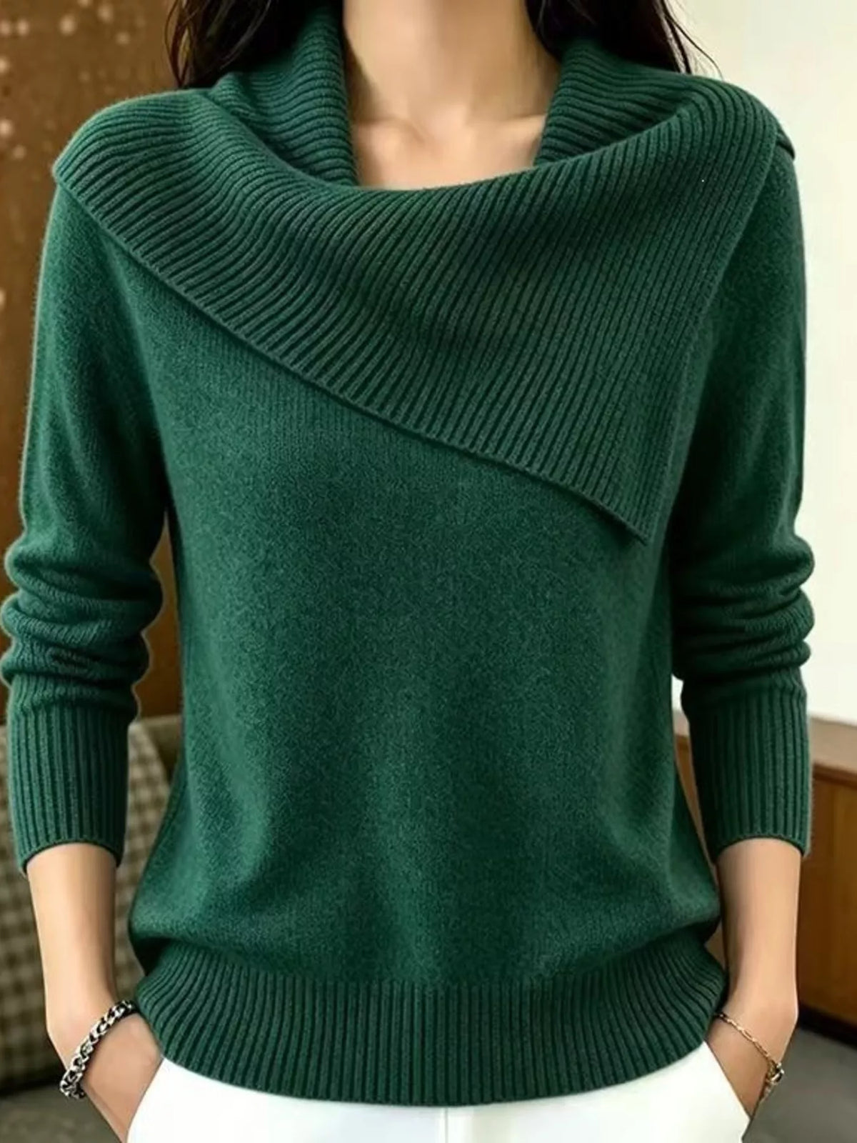 Plus size full-length ribbed collar sweater with asymmetric design, featuring a cozy knit texture and trendy style by Trendsi.