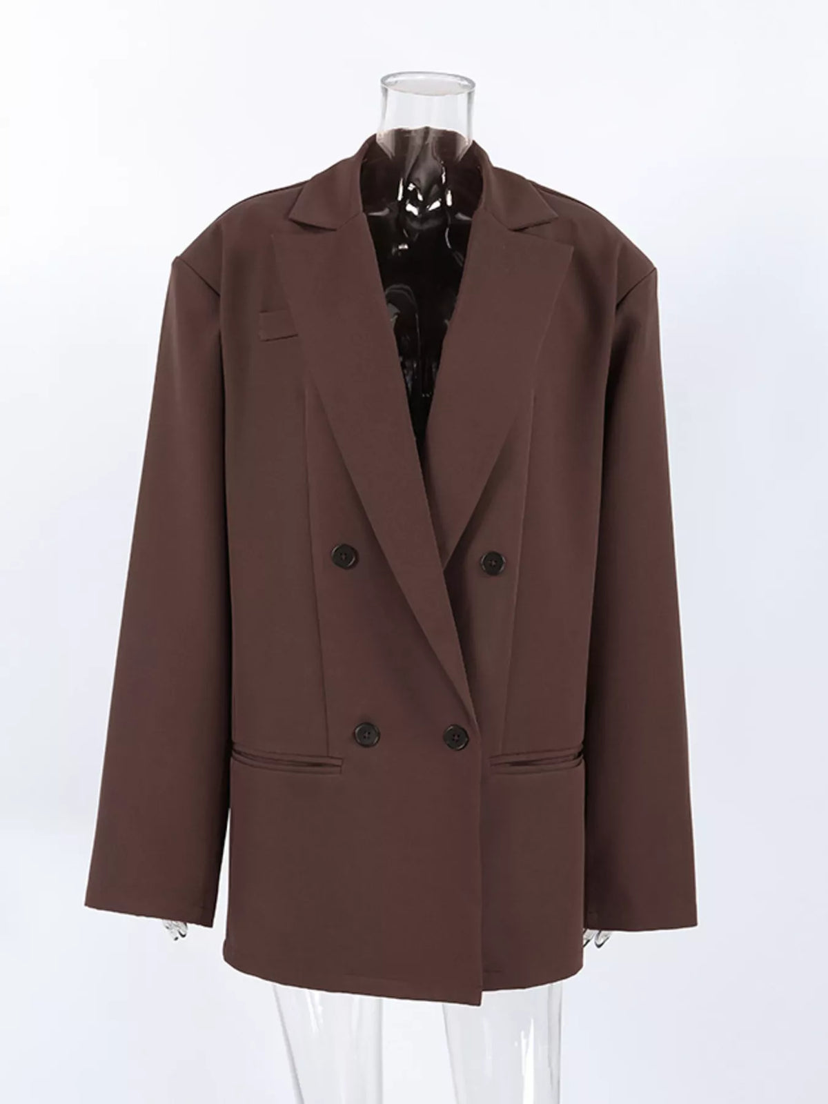 Trendsi double-breasted blazer with lapel collar, tailored fit, in neutral fabric, displayed on hanger.
