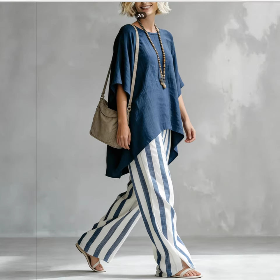 Women's striped batwing-sleeve linen two-piece set by FitiqueFit, featuring a casual, relaxed fit with loose, comfortable design.