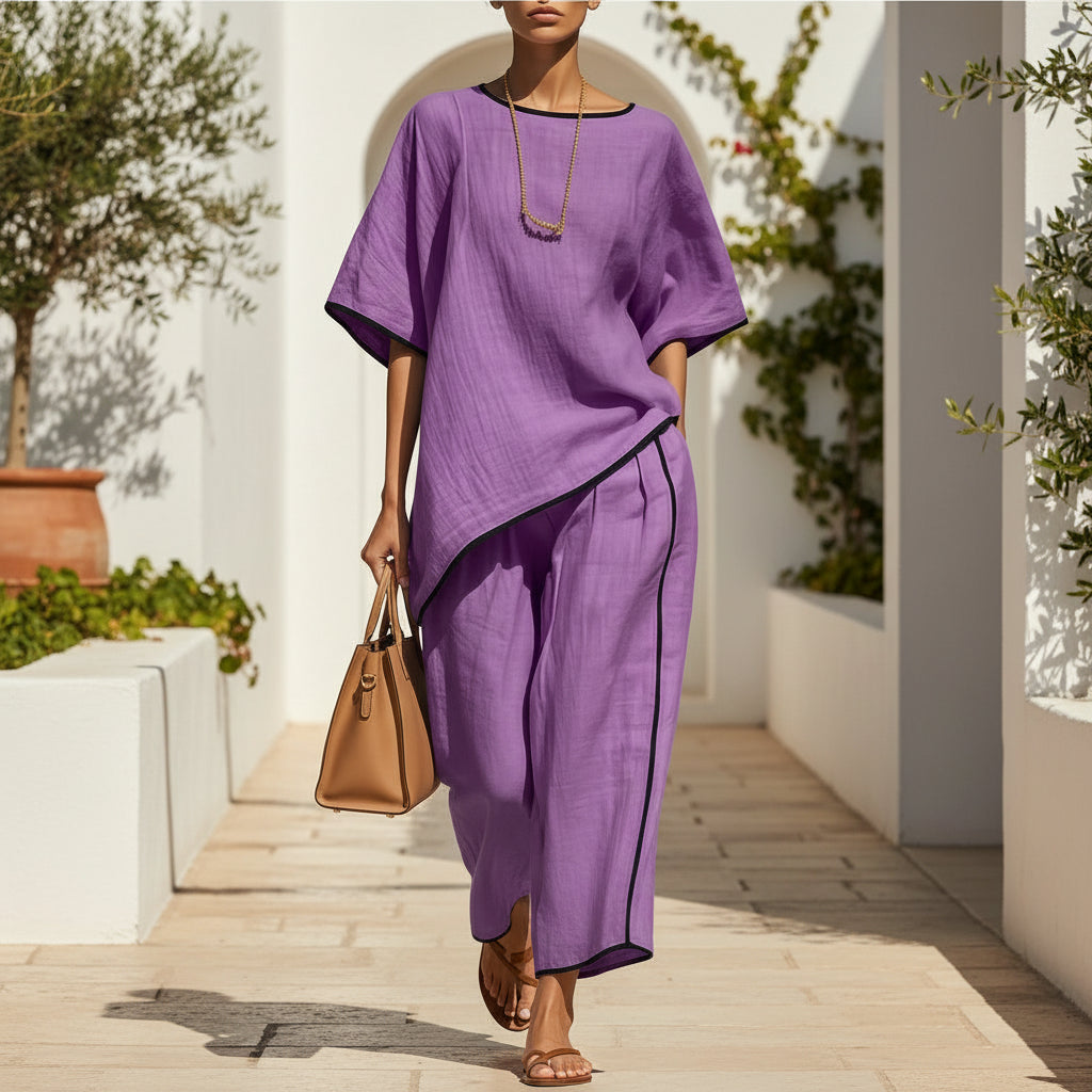 Women's casual resort loose short-sleeve top and pants set from Plush Fashion Hub, featuring relaxed fit and comfortable fabric.