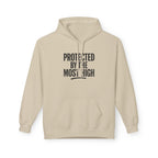 Black hoodie with "Protected By The Most High" Psalm 91 inspirational text, Wear Your Worship brand logo visible on front.