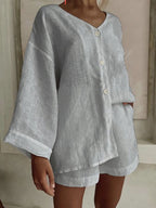 Women's cotton linen shirt and shorts set with long sleeves, button details, casual style by Plush Fashion Hub