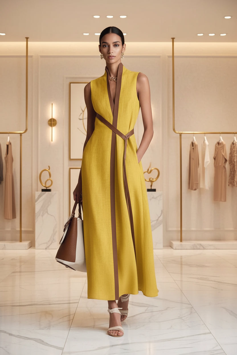 Women's Color Block Sleeveless Stand Collar Dress
