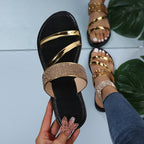 LadyShow.Store women's casual rhinestone outdoor sandals with breathable straps and trendy one-word design.