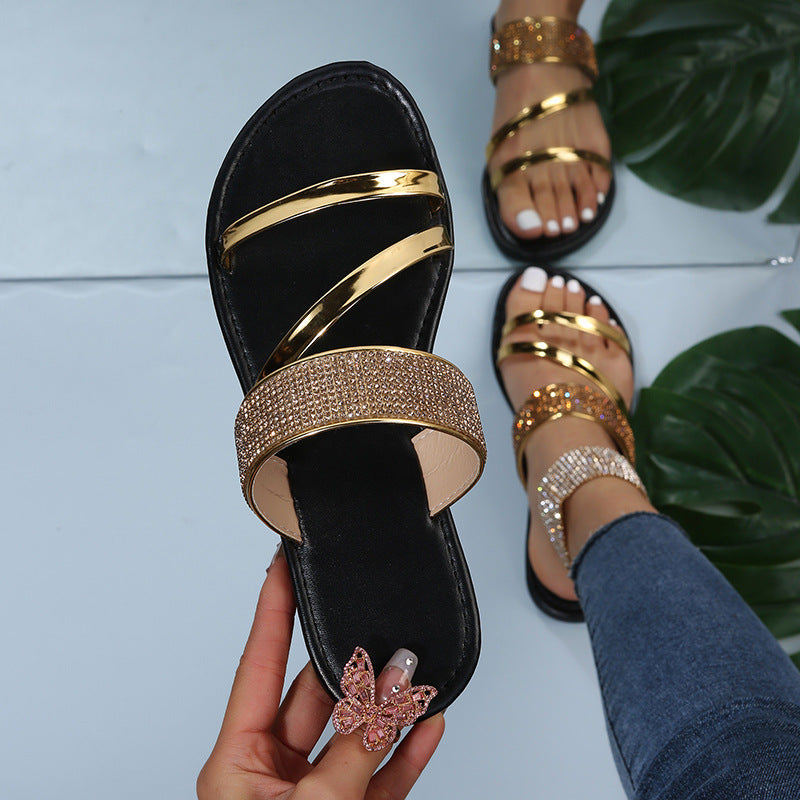 LadyShow.Store women's casual rhinestone outdoor sandals with breathable straps and trendy one-word design.