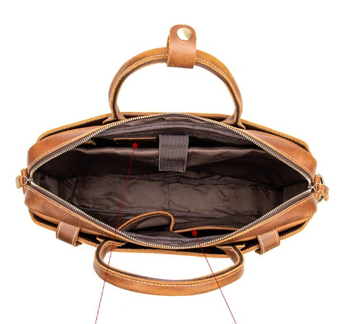 Pi-Mart Crazy Horse leather men's briefcase, stylish and durable handbag with sturdy handle and classic design.