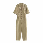 Bright spring women’s short sleeve linen one-piece trousers in solid color with rings detail, stylish and comfortable from Bella Mia.