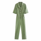 Elegant linen one-piece trousers for women with short sleeves in solid color, by Bella Mia, featuring a stylish and comfortable design.