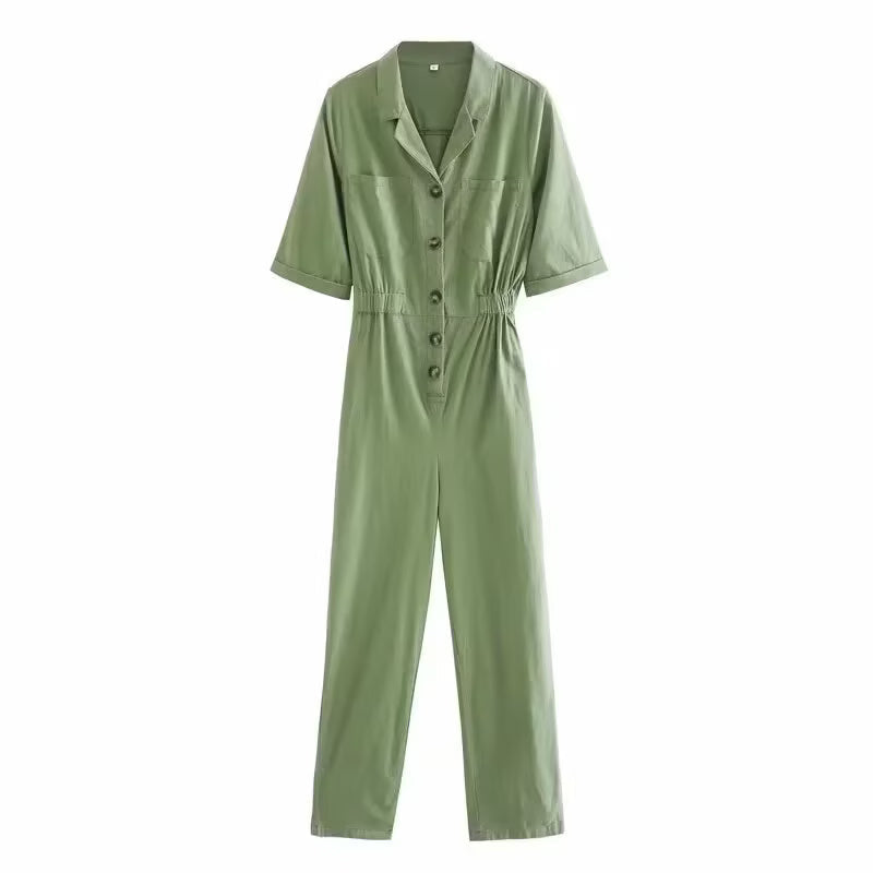 Elegant linen one-piece trousers for women with short sleeves in solid color, by Bella Mia, featuring a stylish and comfortable design.