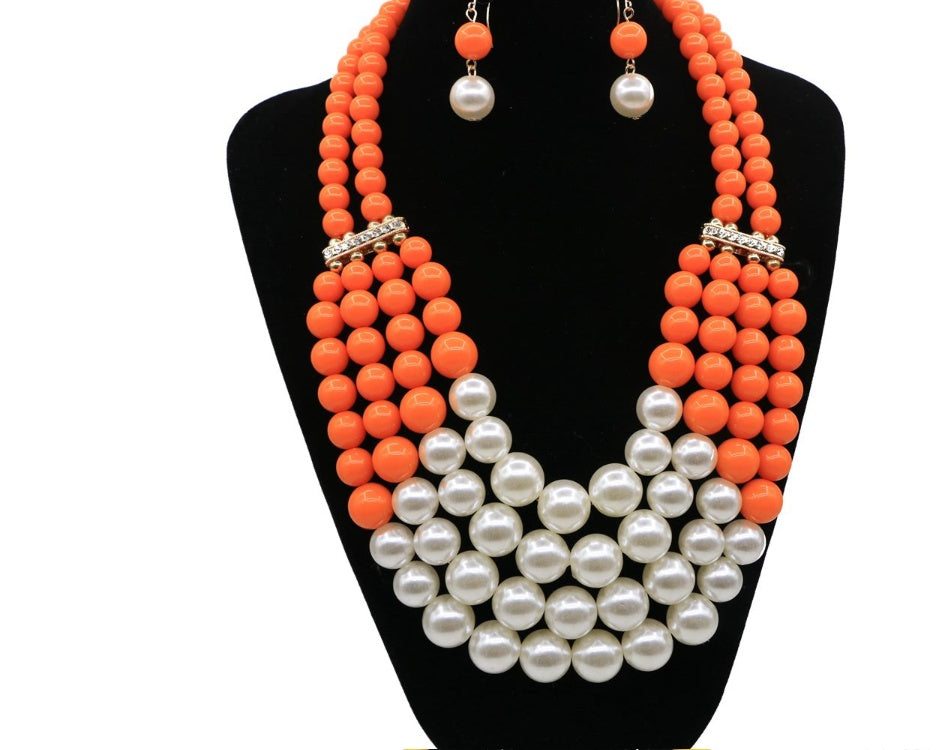 Multi Simulated Pearl Bohemian Jewelry Set with water wave chain and faux gemstone inlays.