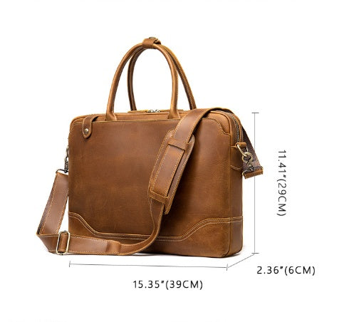 Pi-Mart Crazy Horse Leather men's briefcase, stylish and durable leather handbag with sturdy handles and classic design.