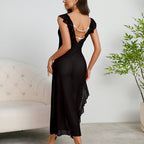 Multi-color see-through mesh nightdress with suspenders and pearl accents, designed by Bella Mia, perfect for evening wear.