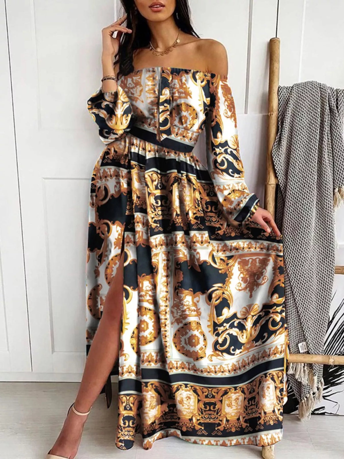 Plush Fashion Hub off-shoulder printed maxi dress with side slit, flowy and stylish for casual or summer wear.