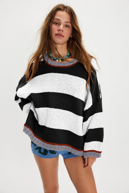 Autumn Winter Contrast Color Striped Sweater Women Pullover Fashionable Knitted Loose Lazy Top Autumn Winter Sweater Women Bella Mia