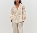 Close-up of the Bella Mia floral embroidered mini shirt for women, featuring spring-inspired sweet floral design.