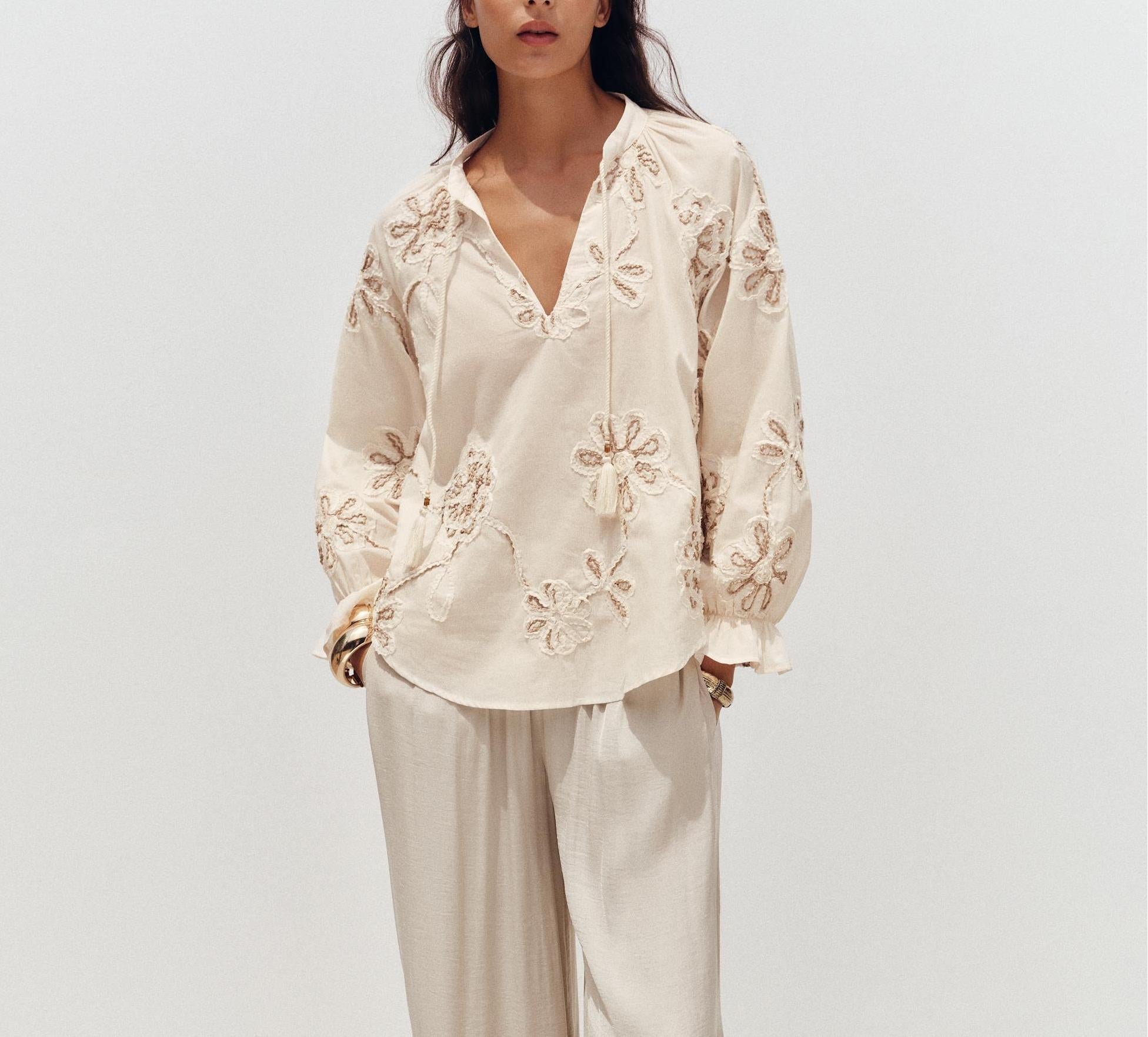Close-up of the Bella Mia floral embroidered mini shirt for women, featuring spring-inspired sweet floral design.