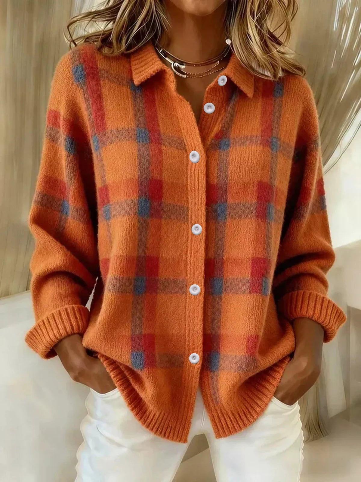 Trendsi plaid button-up cardigan featuring a classic checkered pattern, long sleeves, and front buttons for a cozy layered look.