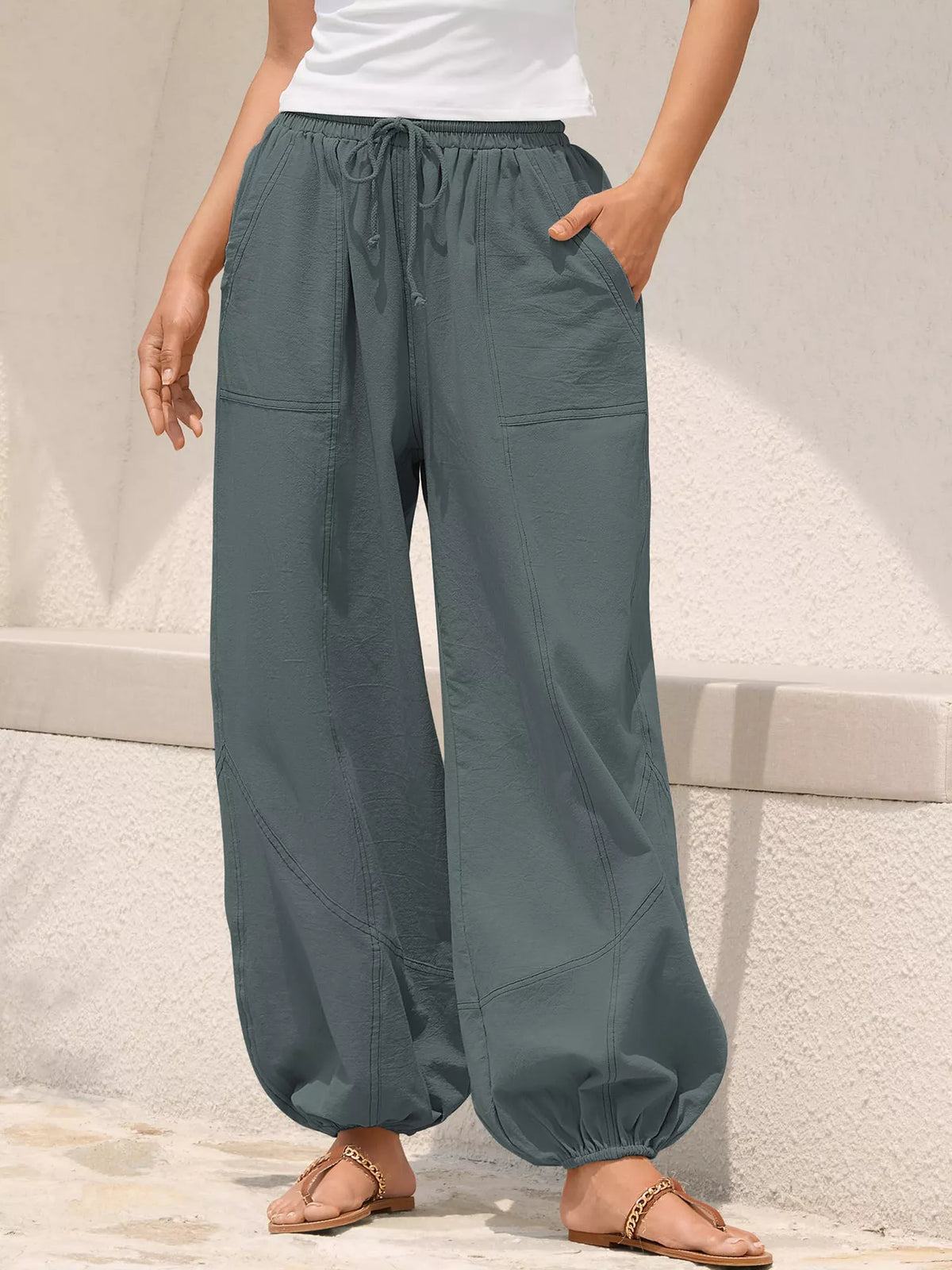 Plush Fashion Hub casual loose fit harem joggers with drawstring waist, featuring relaxed style and comfortable fabric.